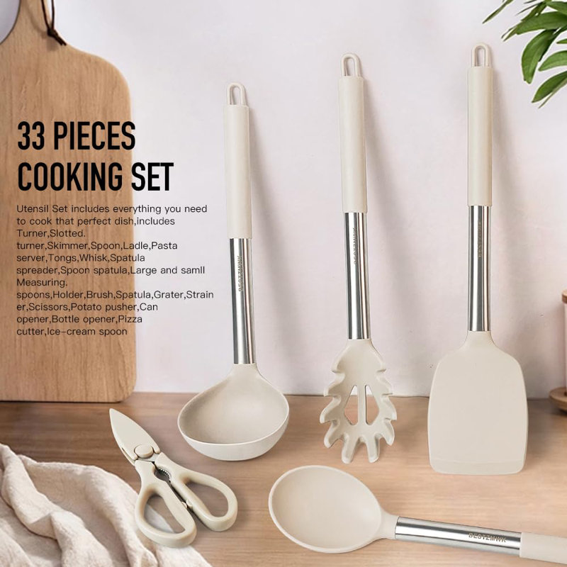 Khaki Non-Stick Silicone and Stainless Steel 33-Piece Cooking Utensils Set