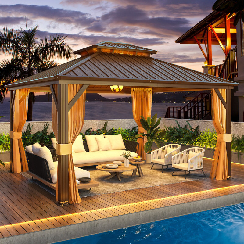 Hardtop Gazebo With Galvanized Steel Double Roof & Aluminum Frame, Brown Outdoor Pavilion With Curtains And Netting For Patio And Garden