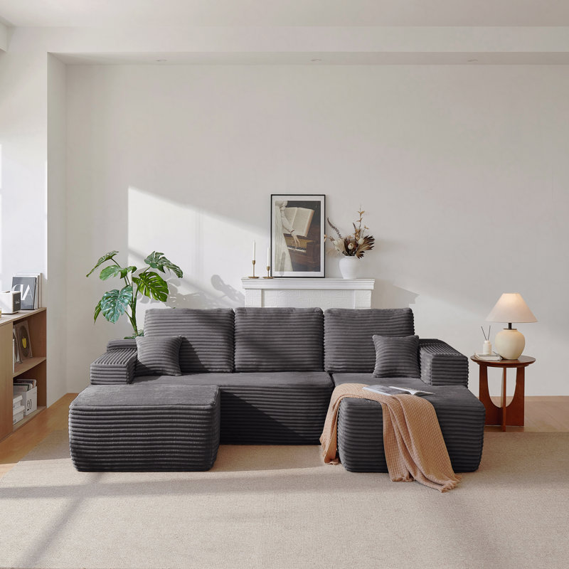 Cloud Sectional Sofa With U-Shape Chaise And Side Pockets , Modern Modular Design, Deep Seating, Upholstered Couch For Living Room/Bedroom, No Assembly Required , Grey,Right