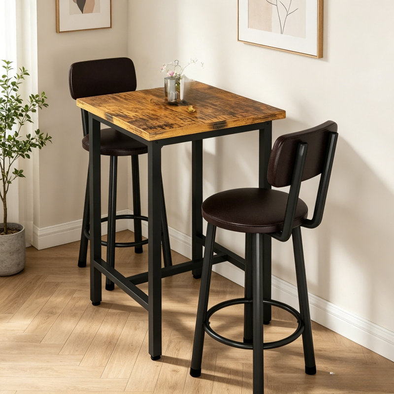 Ensemble de salle à manger industriel haut, table de pub compacte 3 pièces avec 2 tabourets confortables, options de marbre et de bois rustique pour studio et café