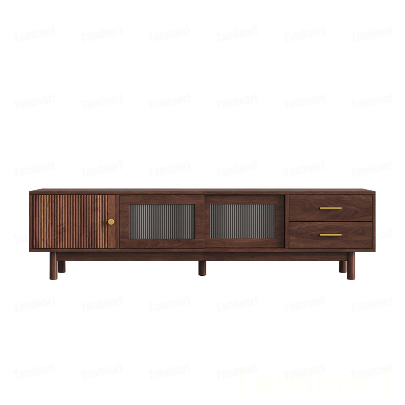 Meuble télé moderne pour téléviseur de 80 po, centre de divertissement avec portes coulissantes en verre et 2 tiroirs, meuble télé avec rangement, chambre à coucher
