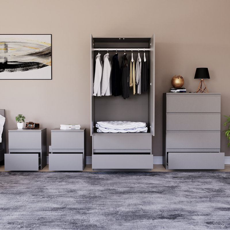 Tanino 4 Piece Bedroom Set (2 Drawer Large Bedside Chest X2, 4 Drawer Chest, 2 Door 2 Drawer Wardrobe), Grey