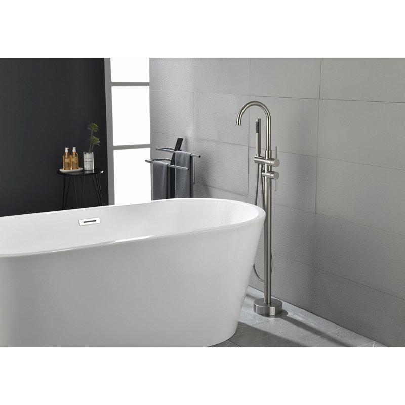 Robinet de baignoire autoportant à fixation au sol à haut débit avec pomme de douche à main et bec pivotant, Brushed Nickel