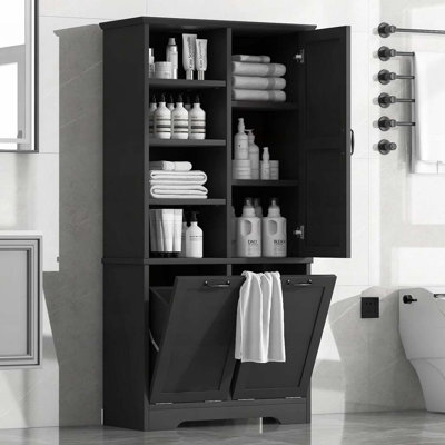 Bathroom Storage Cabinet with Doors and Drawers, Tilt-Out Laundry Hamper, Multiple Storage Space