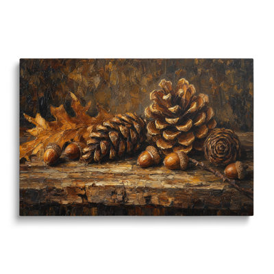 Reproduction sur toile d'une peinture représentant une pomme de pin et un gland - 50 x 75 cm