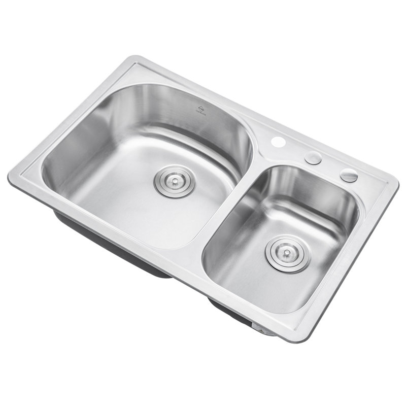 33.125'' L Double Bowl Stainless Steel Kitchen Sink, 3 Hole
