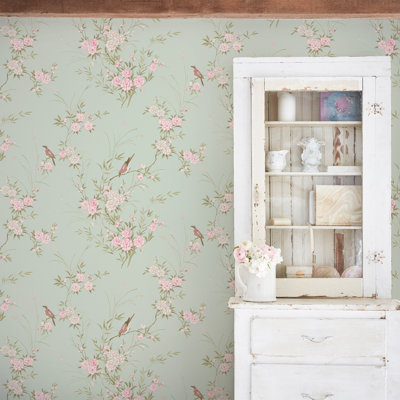 Rachel Ashwell Bird Chinoiserie Pink Gold Wallpaper