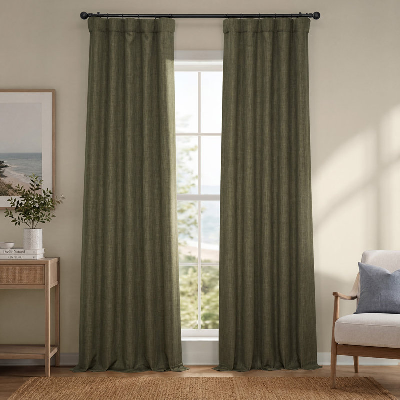 Ottis Faux Linen Room Darkening Curtain Panel, 50" W x 84" L, Khaki Green