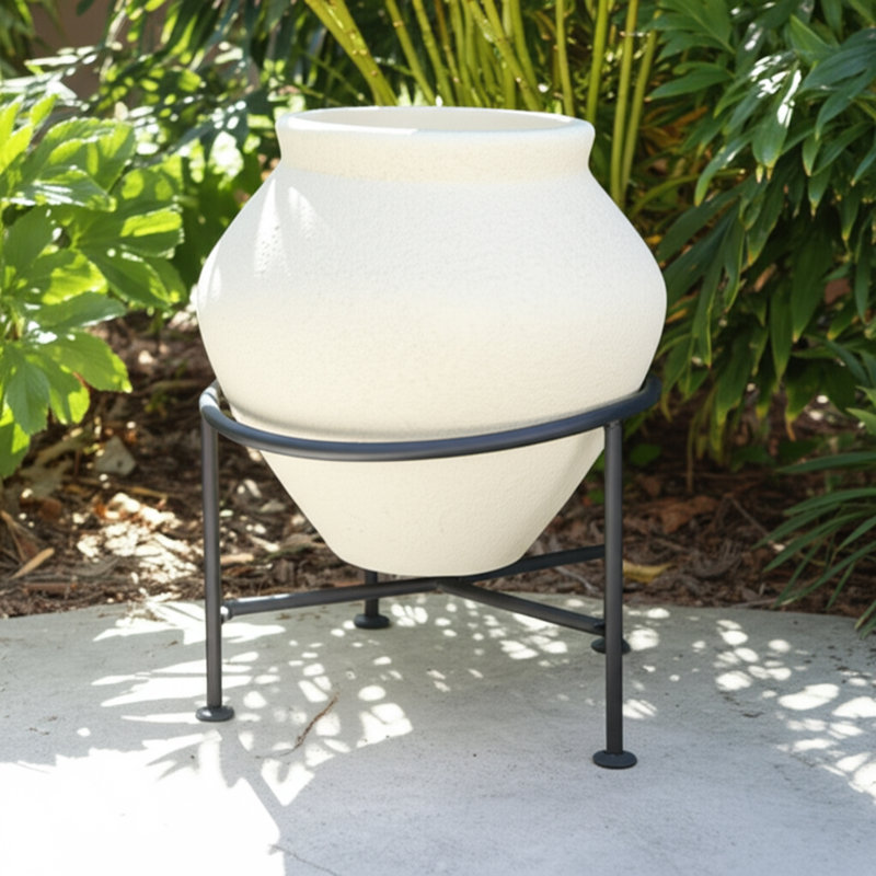 Pot à fleurs rond en terre cuite avec support en métal pour l'intérieur ou le patio extérieur - Décoration de jardin décorative pour le salon - ivoire et noir