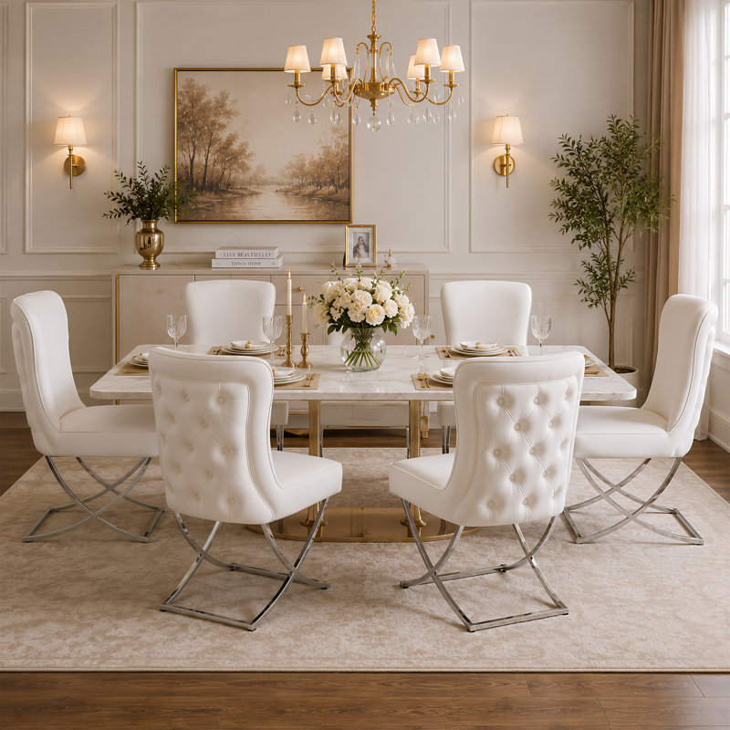 Chaise de salle à manger capitonnée en velours avec pieds en X argentés, Beige