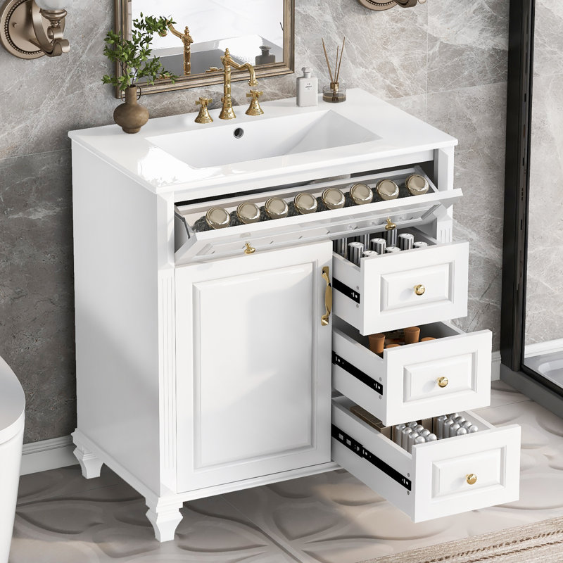 Meuble-lavabo autoportant 30 po avec lavabo en céramique et 3 tiroirs, Blanc