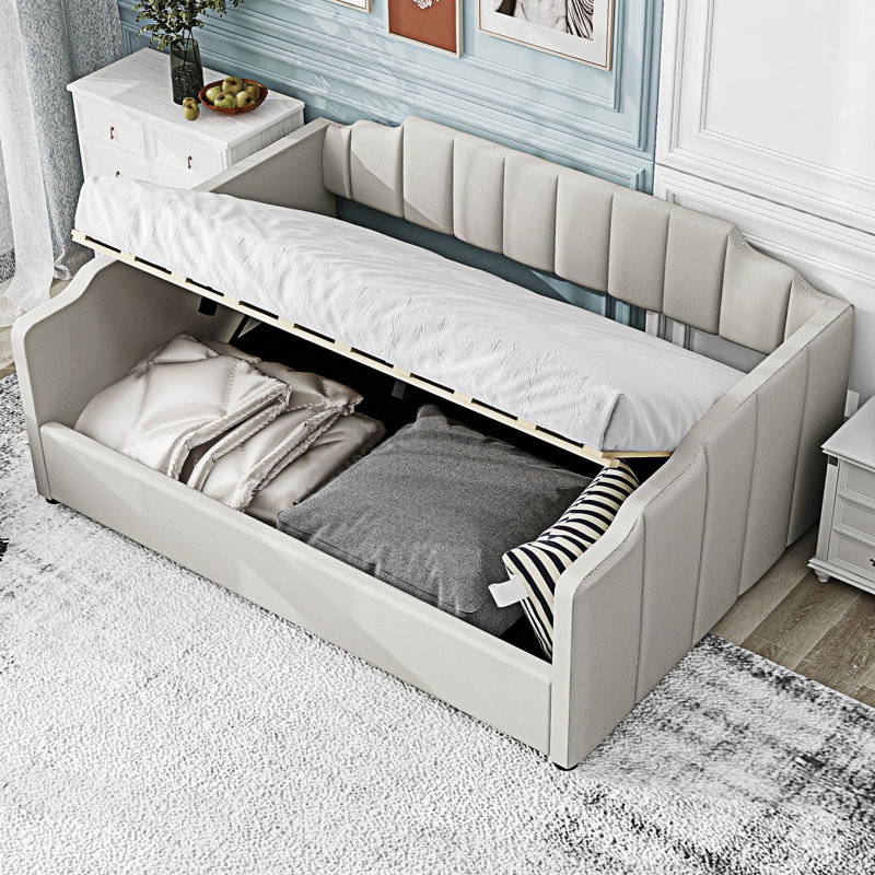 Lit de jour rembourré avec rangement inférieur, Double, Beige