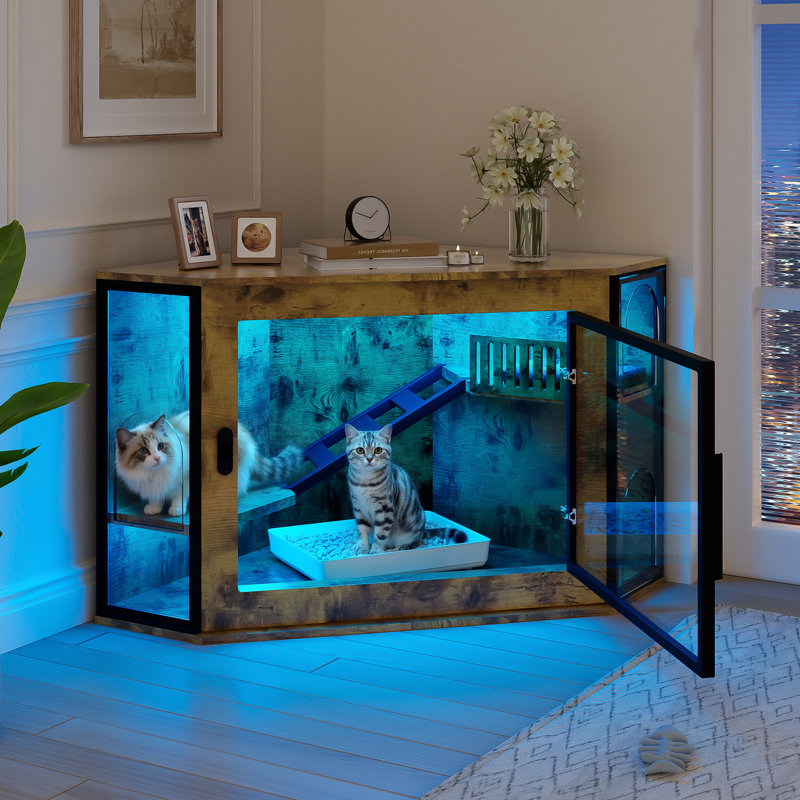 Enceinte d'angle pour litière pour chat avec porte en acrylique, lumière DEL et aire de jeu intégrée pour les maisons modernes