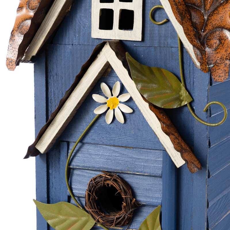 Oversized 3-Tiered Solid Wood Villa Birdhouse, 24.25"H-Blue, Blue