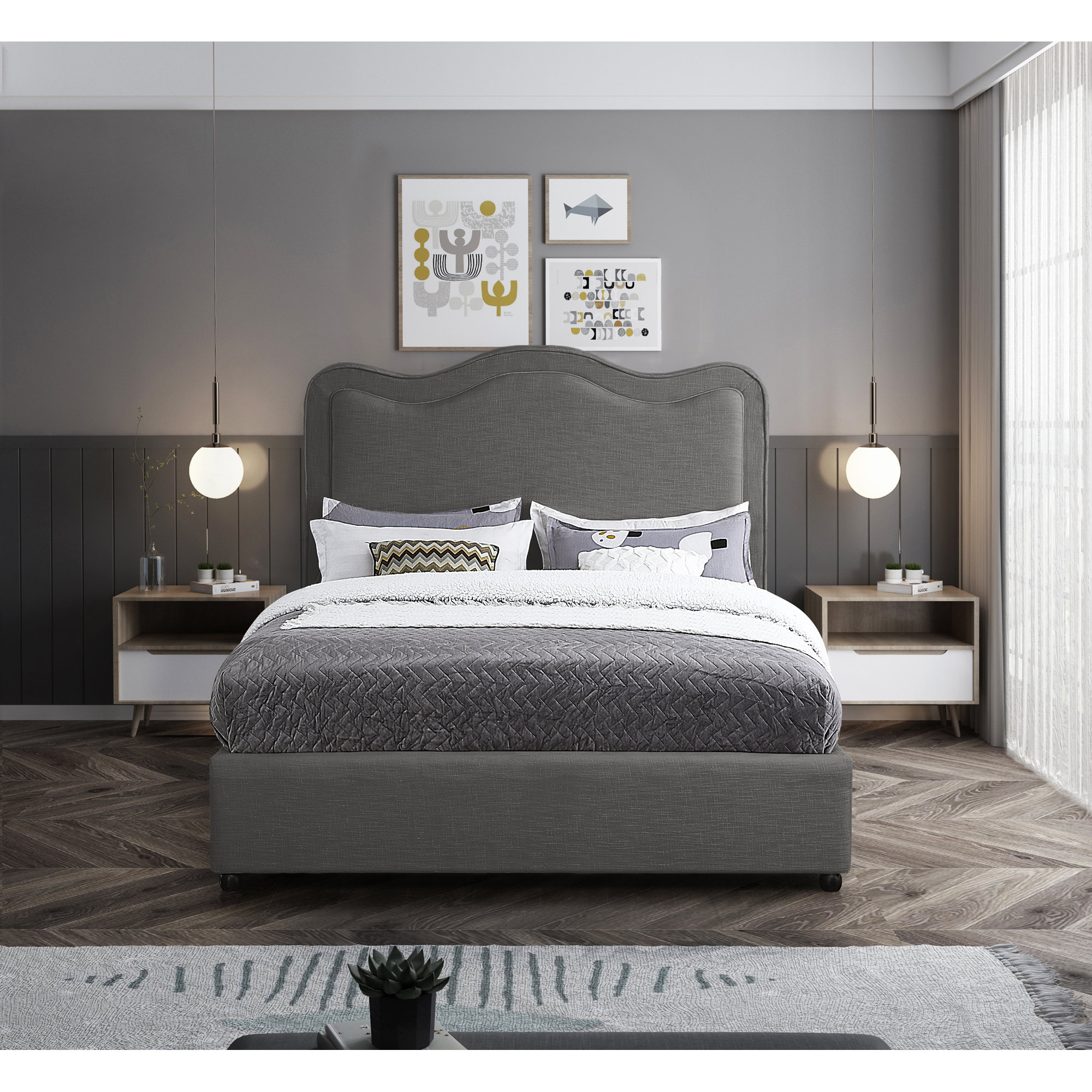 Upholstered Scalloped Bed, Gray Velvet, Queen