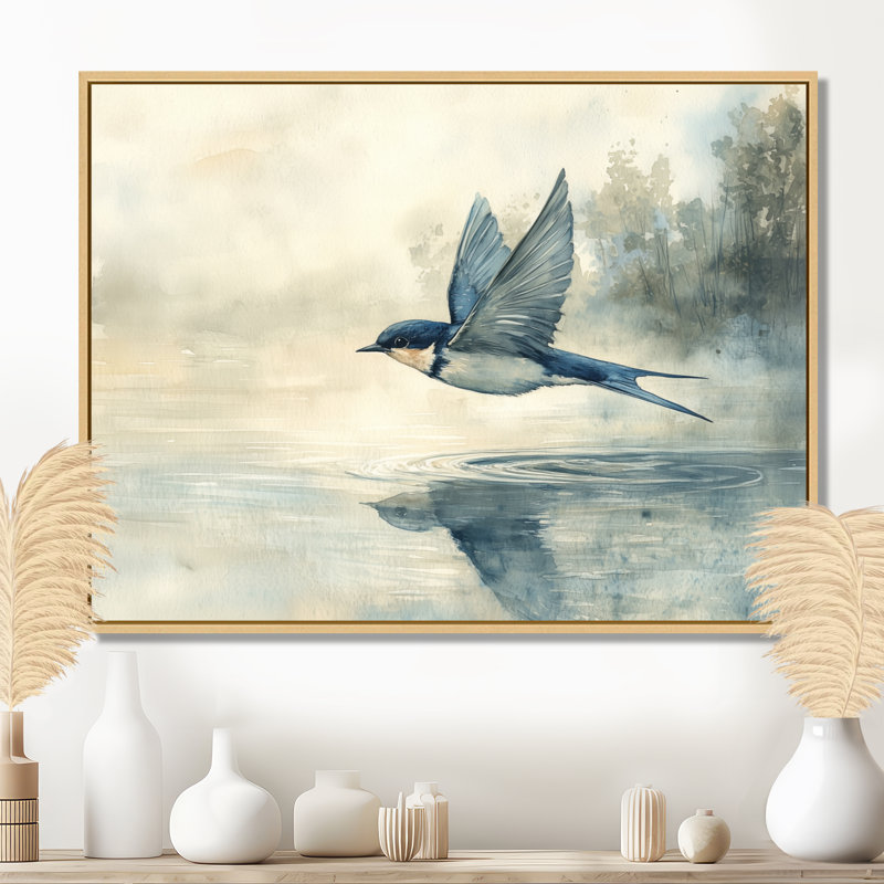 Hirondelle, écume de l'eau I - oiseau, art mural, H 12 po x l 20 po, Cadre flottant, Doré