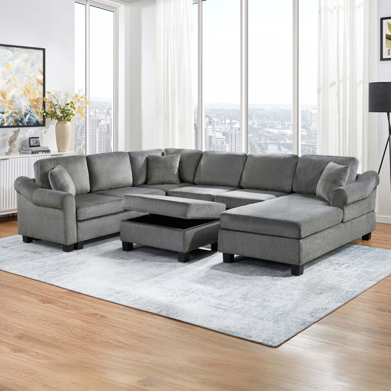 111.8" U-Shaped Sofa Chenille Upholstered Sofa Couch With Movable Storage Ottoman, Dark Gray Chenille