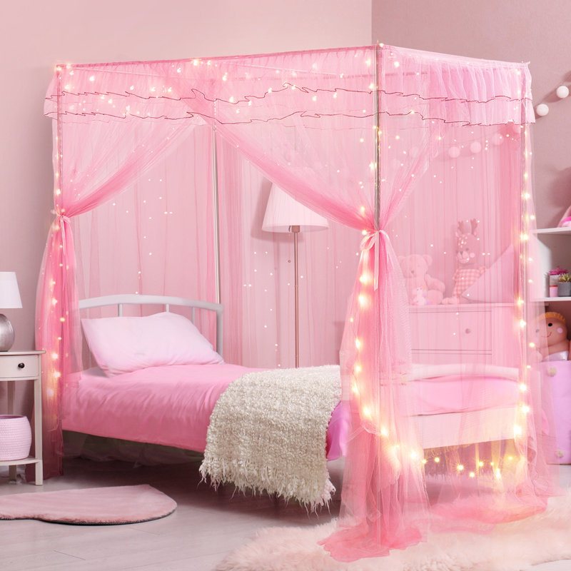 Auvent de lit avec lumières, auvent de lit simple avec étoiles lumineuses, rideaux de lit à baldaquin, Rose