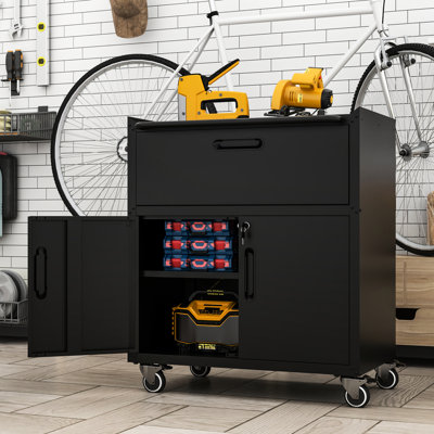 Armoire roulante pour outils de garage - 2 portes verrouillables, tablettes réglables, 1 tiroir noir et gris, détachable,