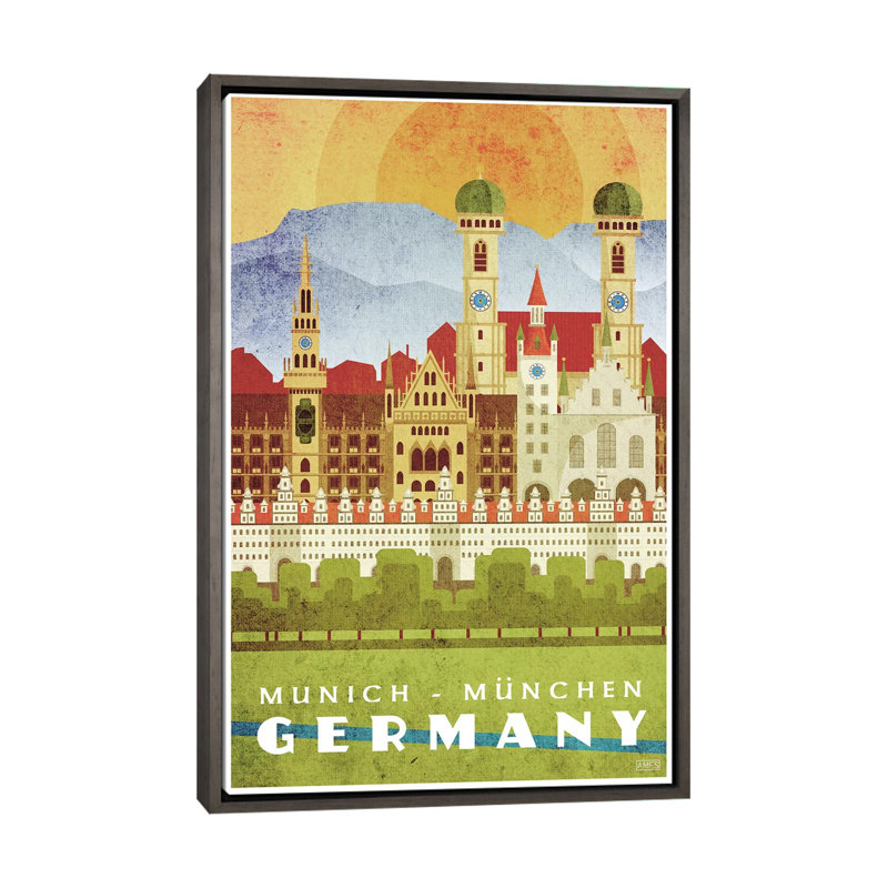 Allemagne-Munich par Missy Ames-impression d’art graphique, H 26 po x l 18 po x 1,5 po, Toile encadrée de bois rustique foncé