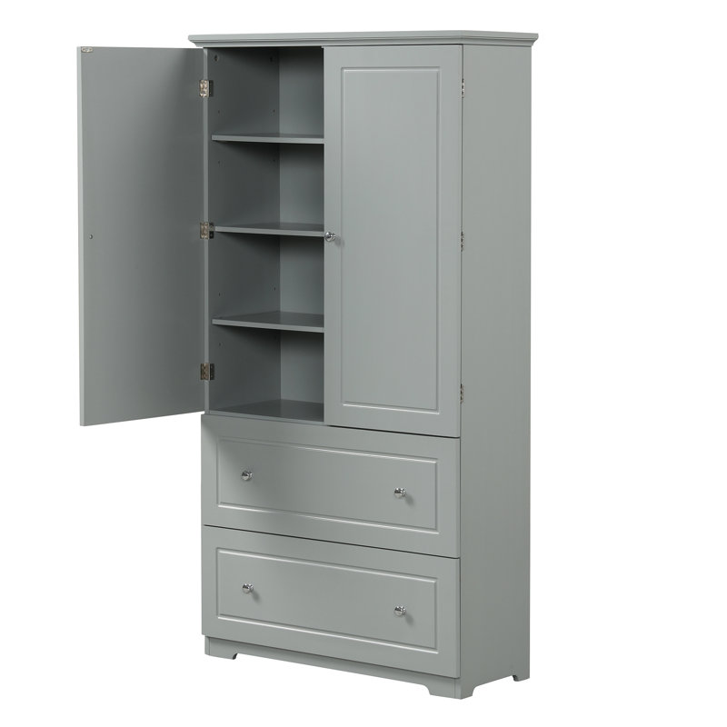 Large armoire de rangement pour salle de bain, armoire de rangement autoportante avec deux tiroirs et tablette réglable, panneau de fibres à densité moyenne avec finition peinte, gris