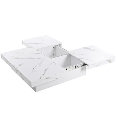 39.4'' Square Coffee Table In White, Marble Veneer, Sliding Top And Storage, Stable Long - Lasting Furniture Fashionable