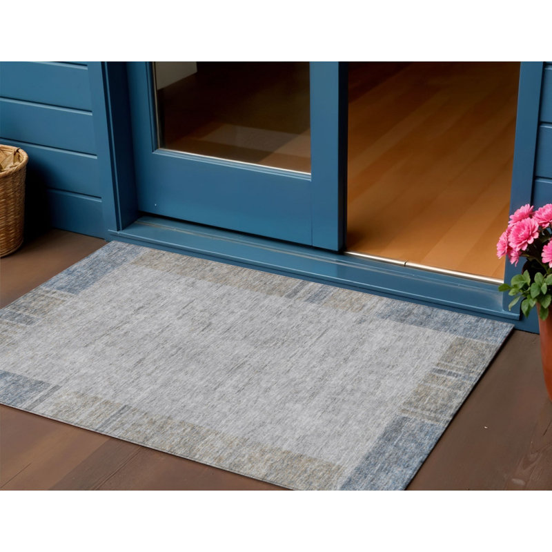 3' X 5' Taupe Beige And Blue Geometric Washable Indoor Outdoor Area Rug