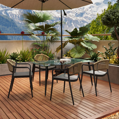 Outdoor/indoor Patio Dining Set With Glass Table And 4 Chairs With Woven Rope Design (set Of 5)