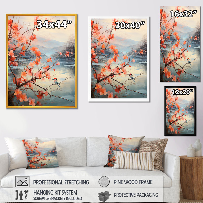 Été rose cerisier en fleurs III - Art mural cerisier en fleurs, H 20 po x l 12 po x P 1 po, Cadre simple noir