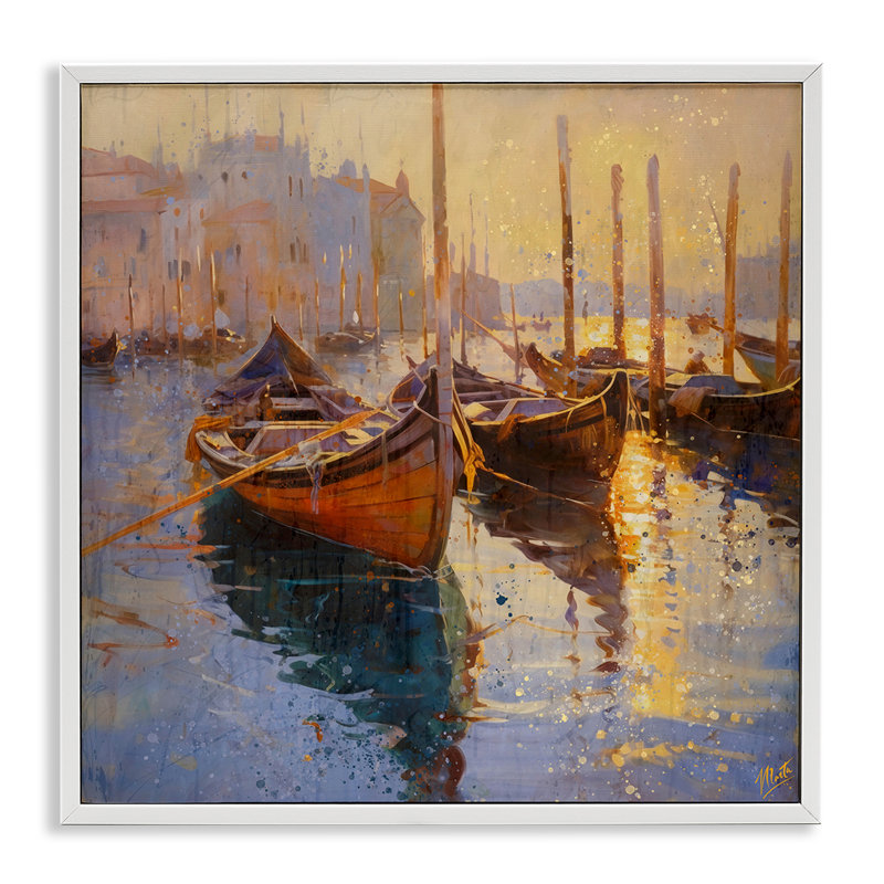 Giclée encadrée de bateaux de Venise mouchetés, design par Marta Wiley, Encadrement giclée blanc côtier, H 12 po x l 12 po