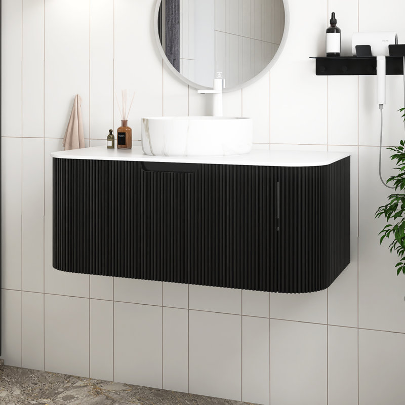 Meuble-lavabo mural avec plateau et tiroir, Noir, Marbre, 36"