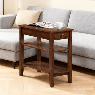 Table de bout avec tiroir et tablette de rangement Chairside - Table de salon classique à 3 niveaux, table de chevet de chambre à coucher au fini espresso