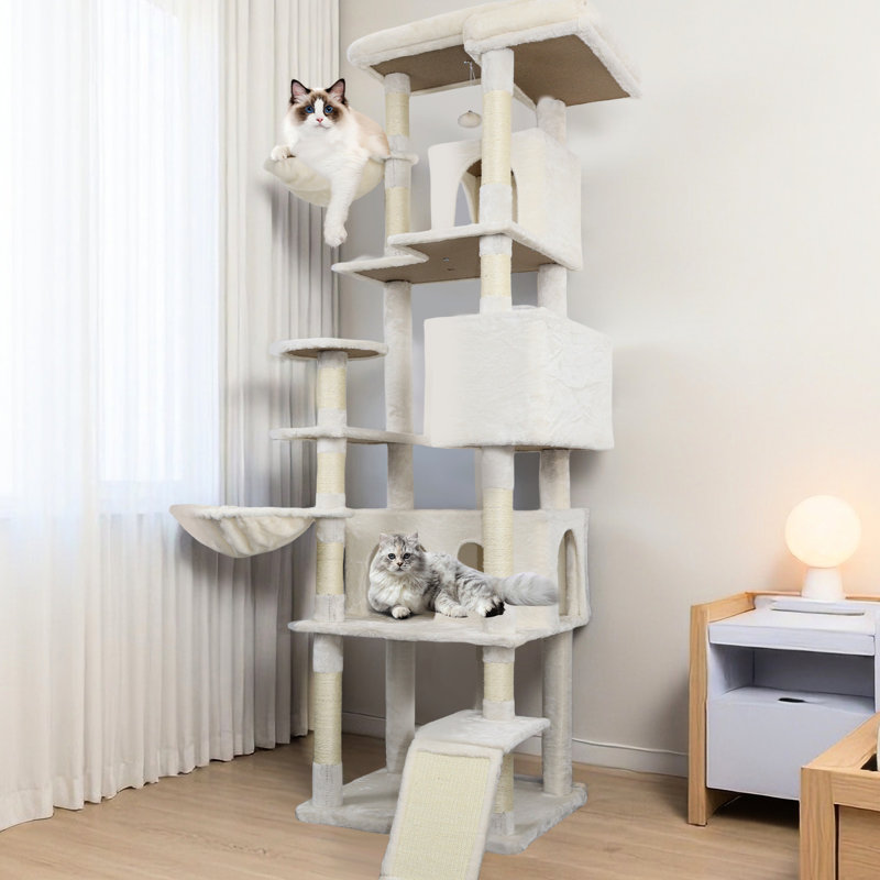 Arbre à chat 84 po de couleur beige avec grattoir et plateforme - Stable confortable pour faire la sieste