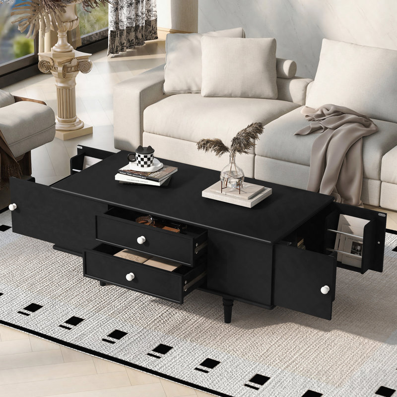 Table basse moderne moderne avec quatre tiroirs, deux compartiments de rangement cachés latéraux, table basse en bois de 47,2 po avec poignées en métal et quatre pieds en bois massif pour le salon