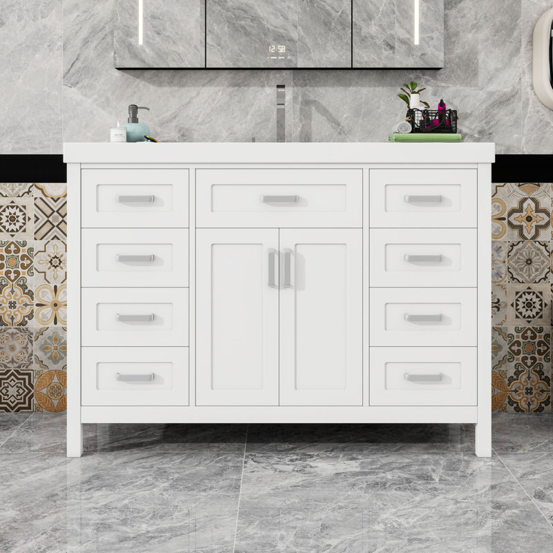 Meuble-lavabo autoportant élégant en bois avec plateau en résine, portes et tiroirs à fermeture en douceur, Blanc