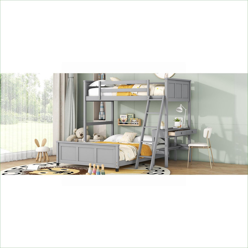 Lit superposé simple au-dessus d'un lit double en bois massif avec bureau intégré, gris neutre