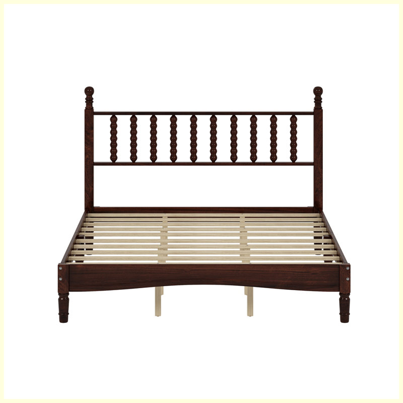 Queen Size Wood Platform Bed with Gourd Shaped Headboard,Retro Style Platform Bed with Wooden Slat Support, Walnut