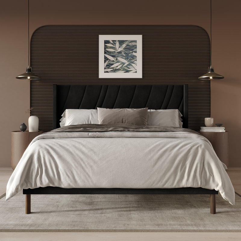 Velvet Platform Wingback Bed, Black, Queen