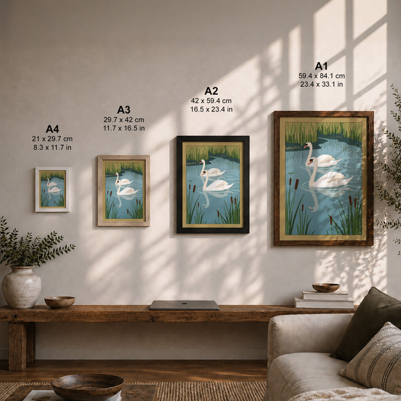 Swans Among Reeds Coastal - Framed Print, A4 - 29.7 x 21.0 cm, White