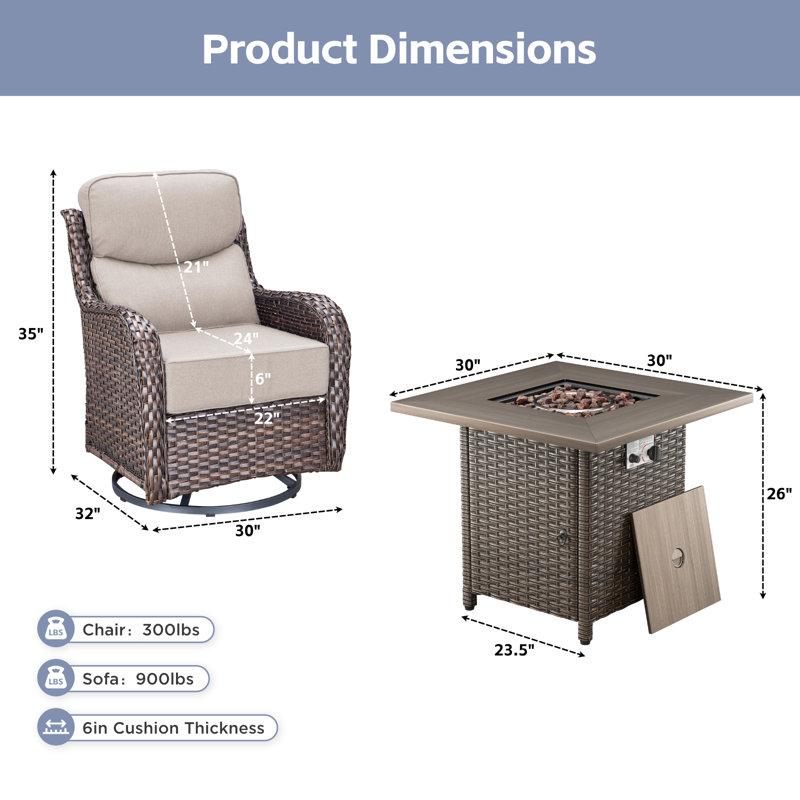 Ensemble de conversation de chaises berçantes pivotantes pour jardin extérieur avec table de foyer en osier, Beige, Brun