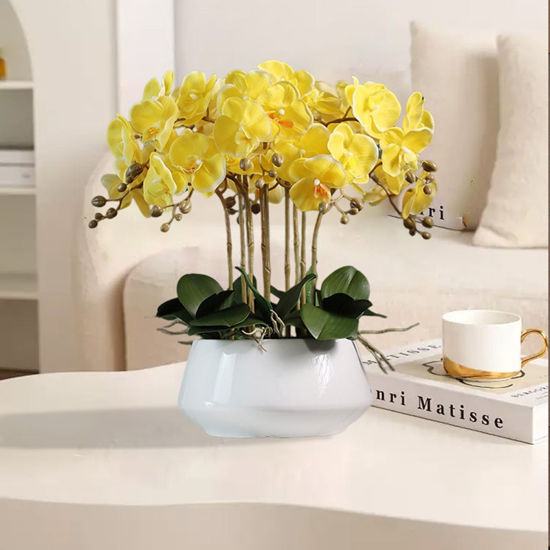 Fleur d'orchidée artificielle avec vase, Jaune