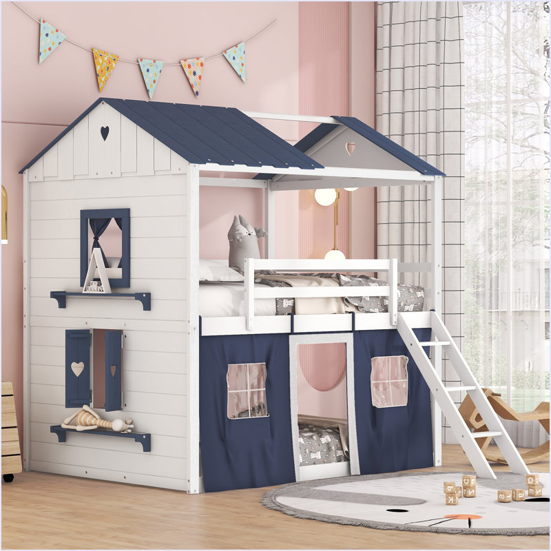 Lit superposé en bois avec fenêtres élégantes, Bleu, Lit double