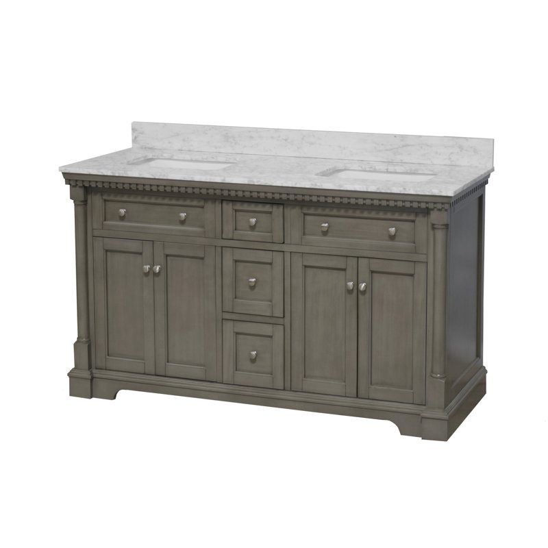 Ensemble de meuble-lavabo double 60 po avec armoire gris patiné et comptoir en marbre de Carrare, Gris patiné