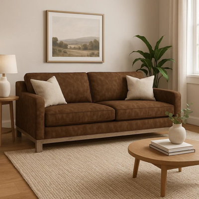 Sama 91 Inch Sofa, 2 Accent Pillows, Solid Pine Wood, Fabric