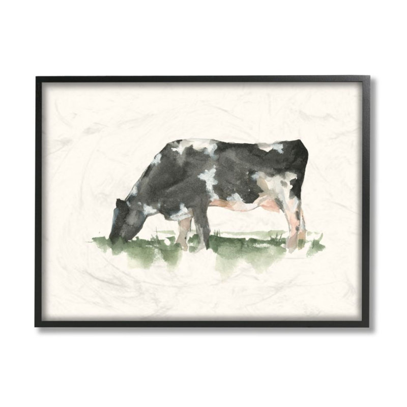 «Vache qui broute dans un champ» par Ethan Harper - reproduction d'art, H 14 po x l 11 po, Giclée encadrée noir minuit