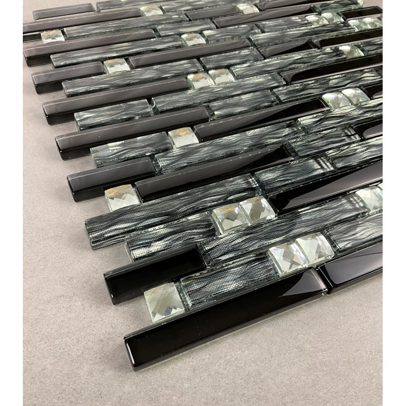 Carrelage mural de mosaïque linéaire aléatoire en verre et en métal, Noir / argent / gris