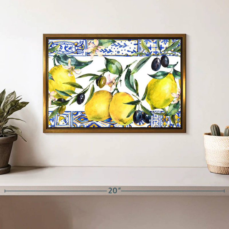 Citrons et olives, 13 po x 9 po, Cadre flottant doré