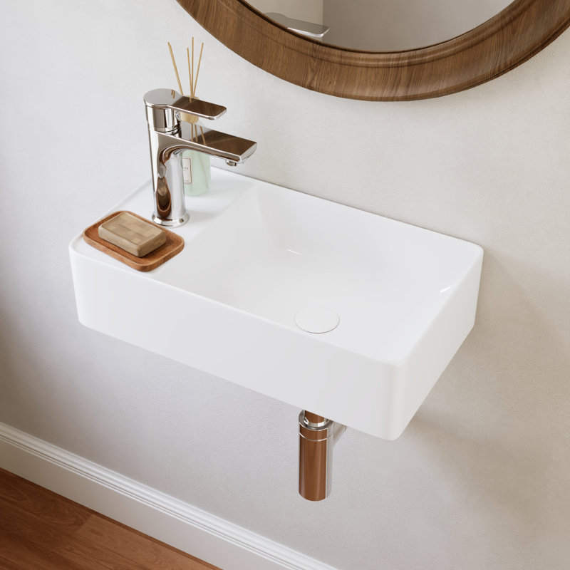 Lavabo de salle de bain mural / vasque rectangulaire en céramique blanche 18 po x 10 po avec trou de robinet simple rain Bonde incluse