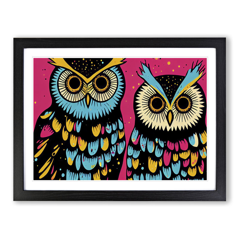 XH1022-6657X Painted Long Eared Owls - Single Picture Frame Painting, 46cm H x 64cm W x 2cm D, Black Framed