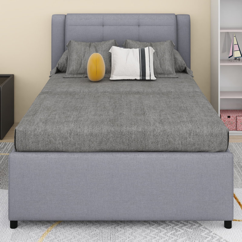 Lit plateforme tapissier avec lit gigogne, Gris